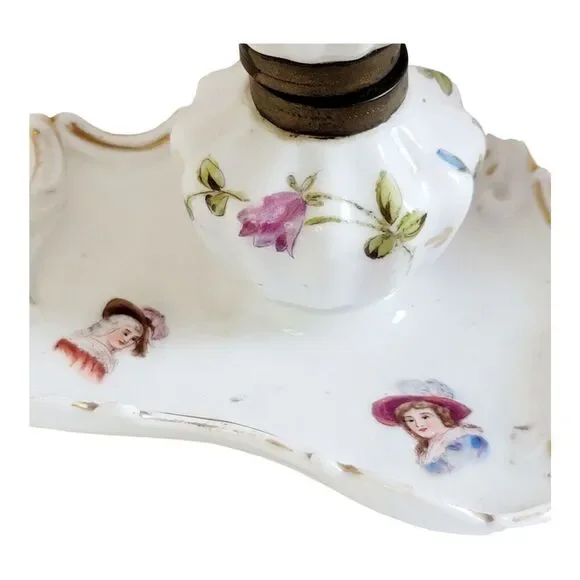 Vtg Hand Painted Porcelain Ink Well and Dish 5" Wide 3 1/2" Tall Floral Design - Picture 6 of 10